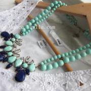 Mint and Blue Crytsal and Beads 2 Layer Statement Necklace